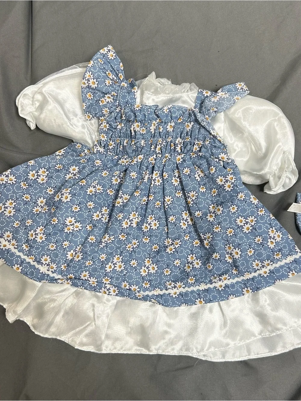 Vintage Doll Dress Unbranded Blue Daisy Print Touch Fastener Baby Dress Ruffle